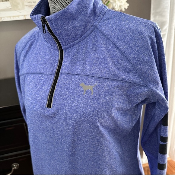 Victoria’s Secret PINK Quarter Zip Pullover Blue Heather Logo Sleeve Size L - Picture 3 of 15